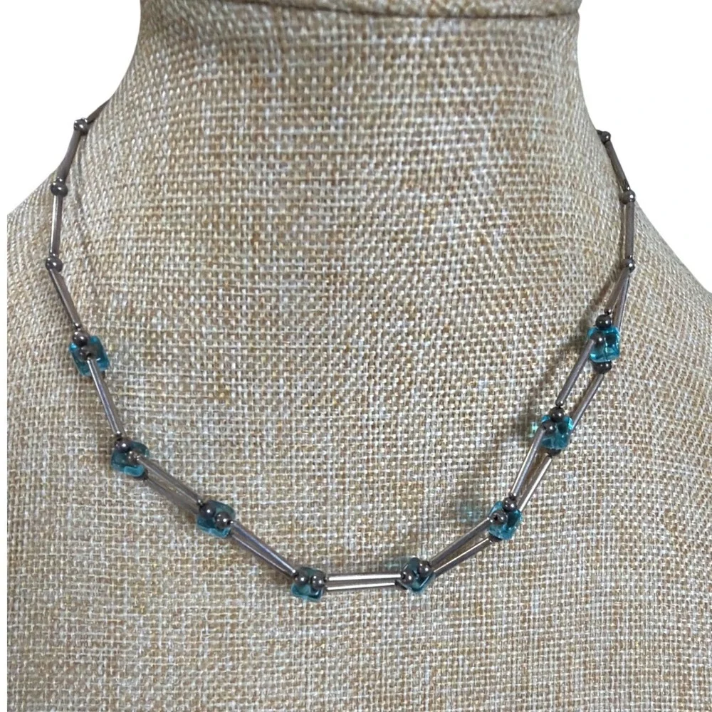 Turquoise Blue Square Glass Bead Liquid Silver‎ Bar Chain Necklace Boho Layering